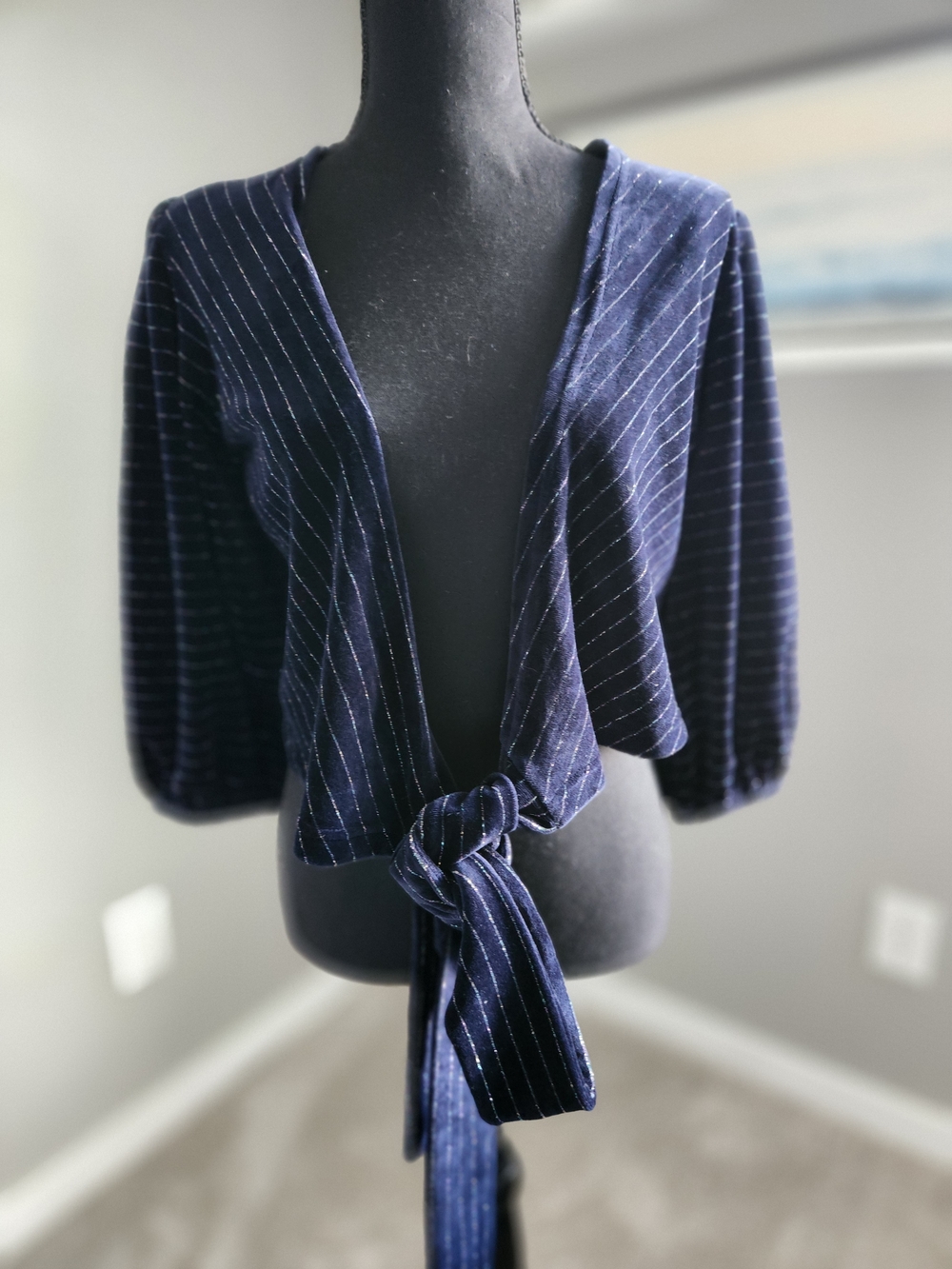 Ganni Navy With Silver Pinstripe Tie-Front  Cardigan